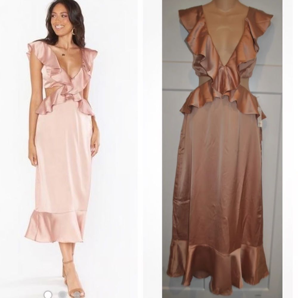 Show Me Your Mumu Zoey Midi Dress in Rose Taupe Luxe Satin size M $198